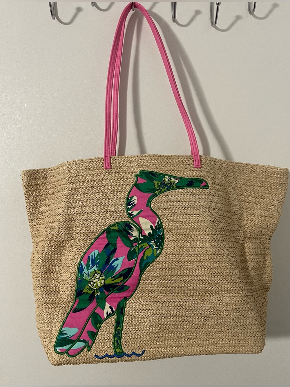 Vera Bradley Pink-Strap Straw Tote with Floral Heron